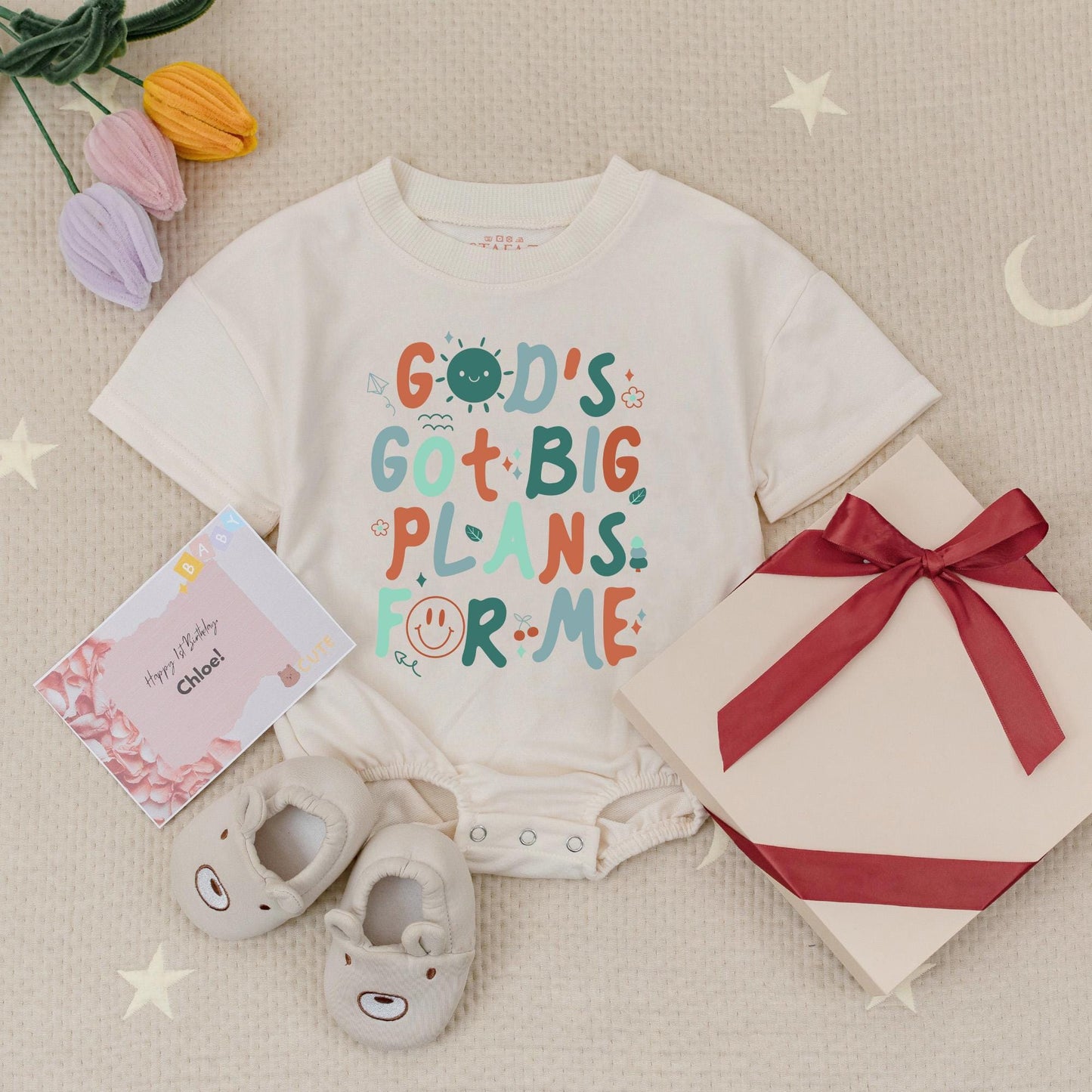 God's Got Big Plans For Me Christian Baby Romper Boy Birthday Gift Grandson Religious Retro Whimsical Sun & Flower Design Cotton Comfy