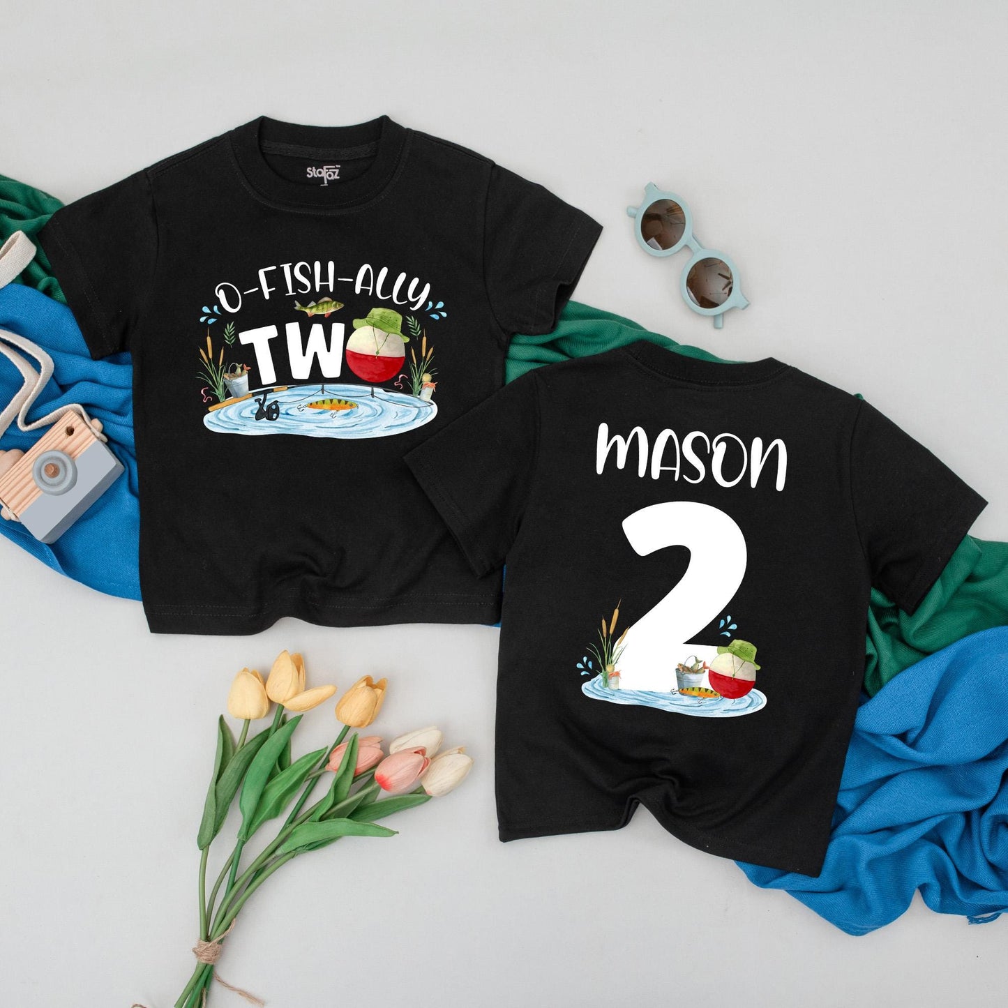 Personalized O-Fish-Ally Two Birthday T-Shirt for 2nd Birthday Boy, Playful Fishing Party Toddler Tee with Name and Bobber Fish Scene Design