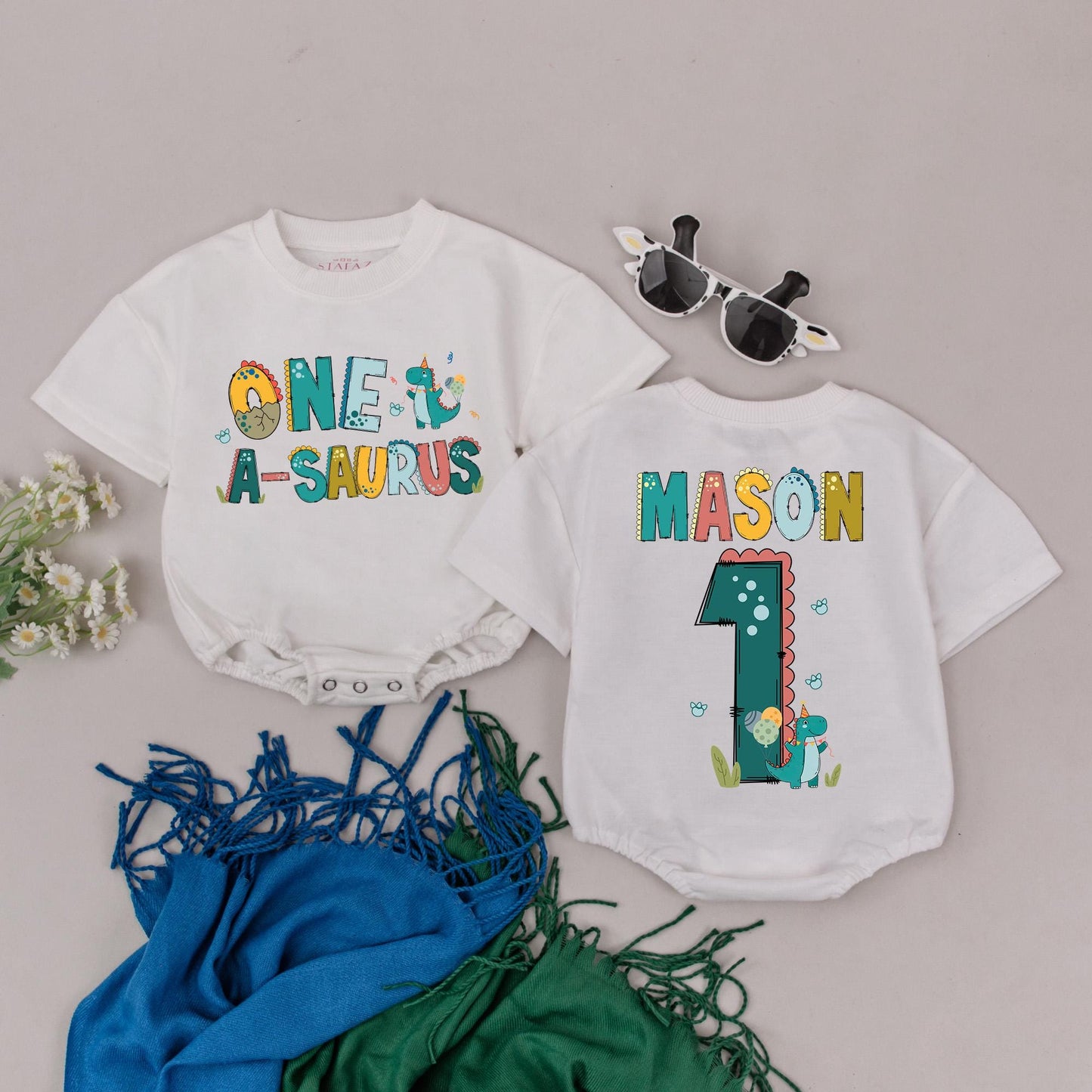 Personalized Dinosaur 1st Birthday Romper Custom Name One-A-Saurus Boy Outfit Colorful Dino Baby Soft Cotton Bodysuit Cheerful Celebration Gift