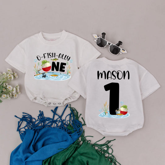 Personalized O-Fish-Ally One Birthday Romper for Baby Boy, Fishing 1st Birthday Outfit, Custom Name Bodysuit, Baby Boy Clothes