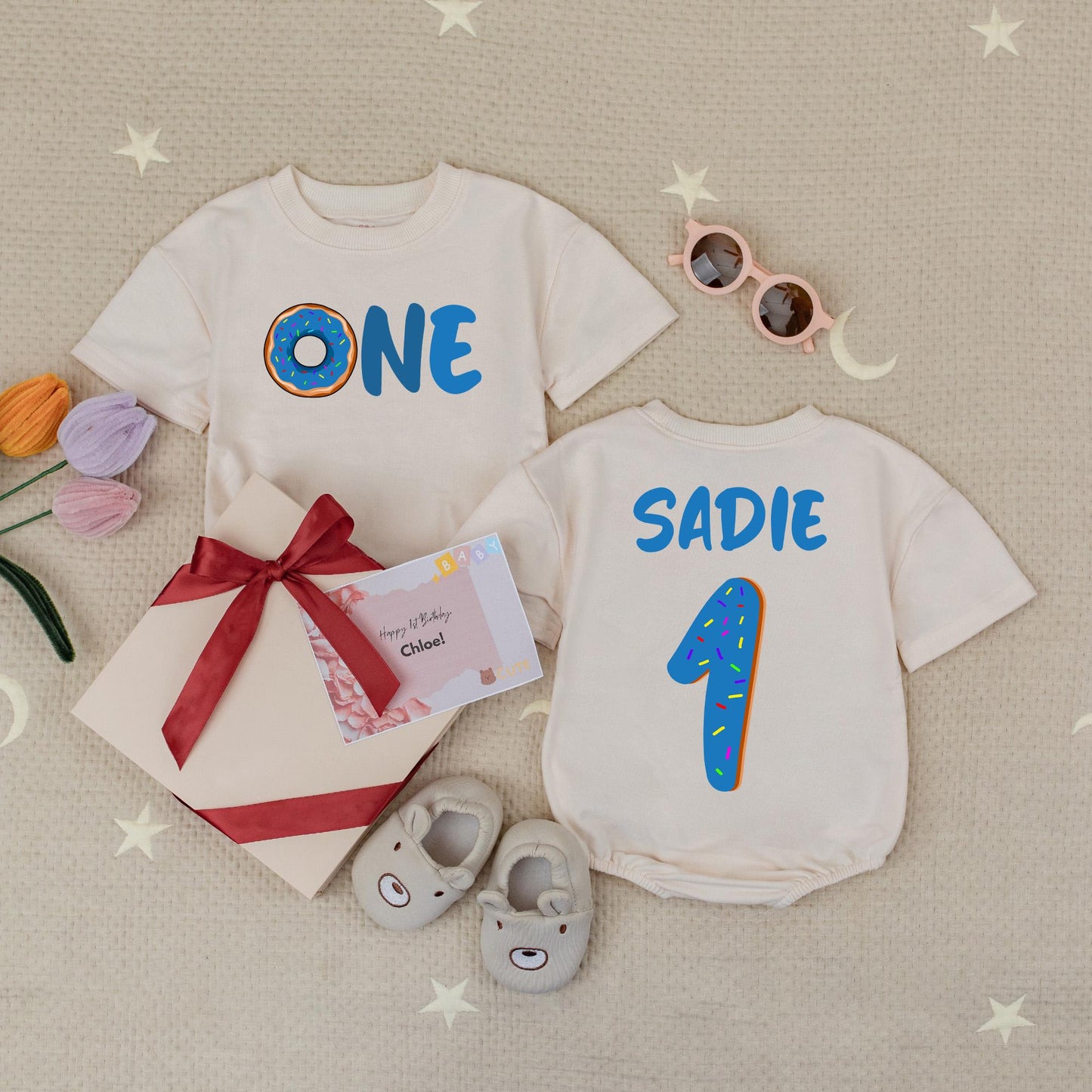 Custom Blue Sprinkled Donut 'ONE' Romper Personalized First Birthday Baby Outfit Toddler Boy Girl Donut Party Gift