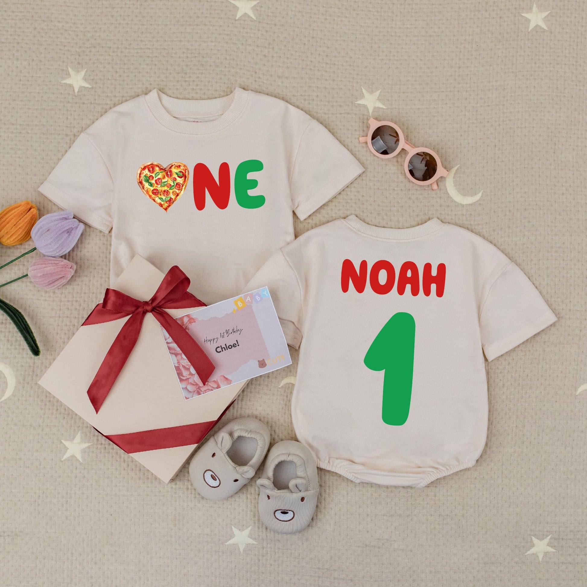 Pizza One Birthday Baby Romper Adorable Red Green Graphics Personalized Noah Name for First Birthday Celebration