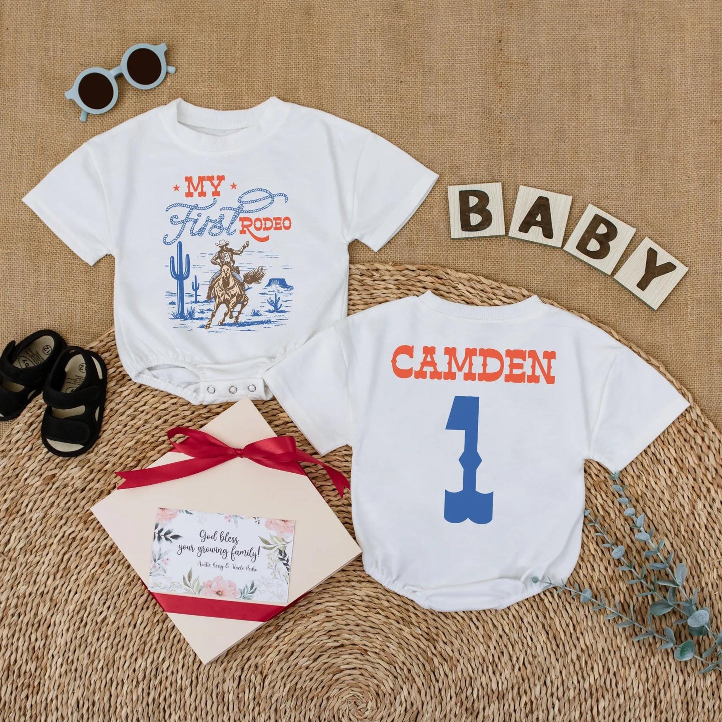 Custom My First Rodeo Baby Romper Personalized Wild West Cowboy Outfit Bubble Bodysuit for First Birthday Cowboy Theme Celebration Gift