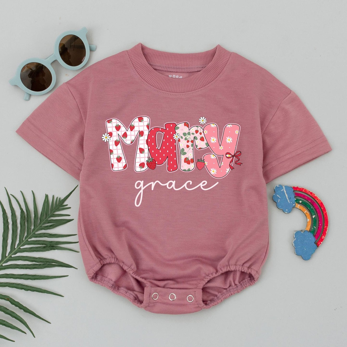 Mary Grace Strawberry Baby Bubble Romper Cute Fruit Summer Bodysuit Personalized Birthday Outfit Baby Shower Gift