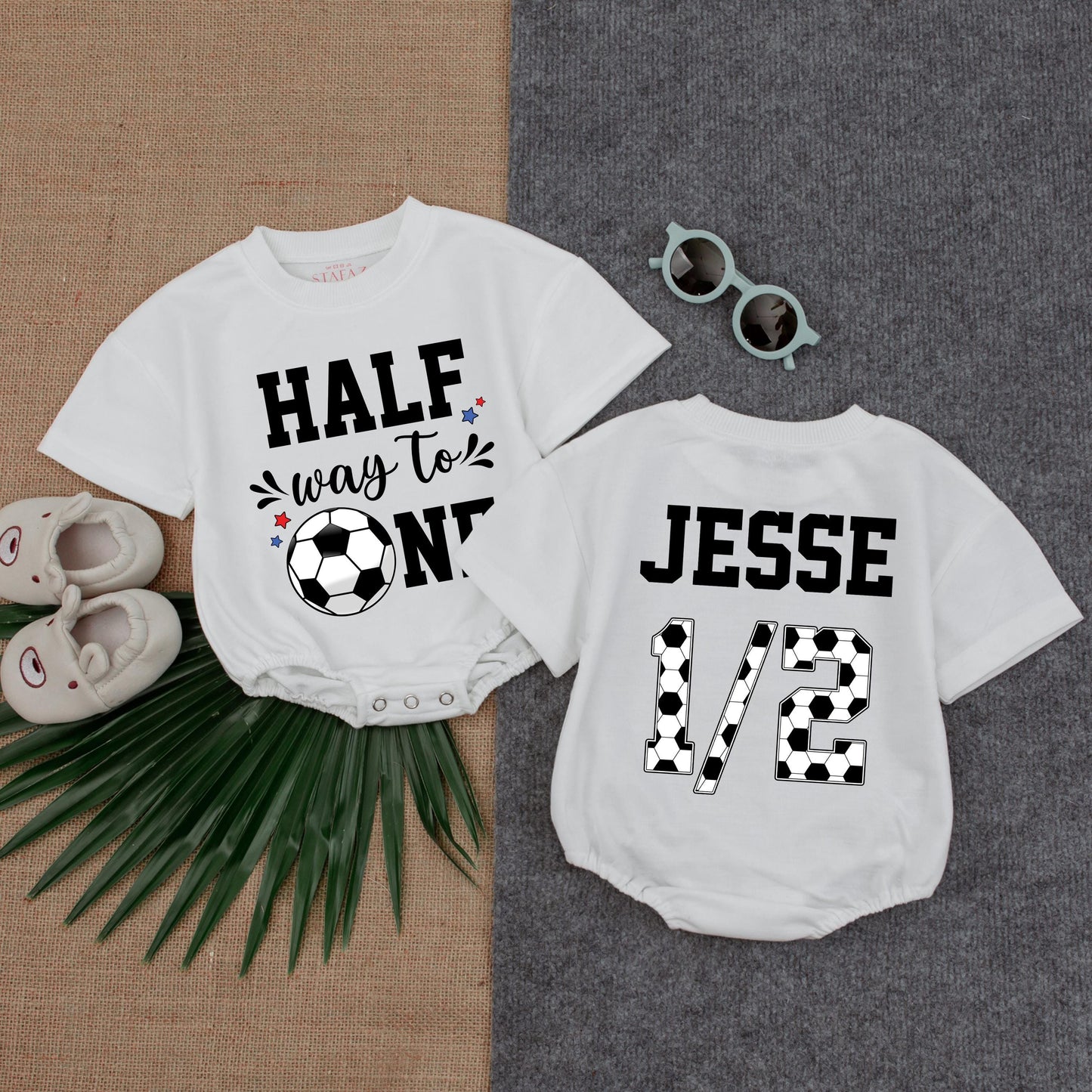 Custom Soccer Half Birthday Romper - Cute Short Sleeve Outfit for Baby's Six Month Celebration or Photo Shoot - Game Day Ready! Summer Baby Gift