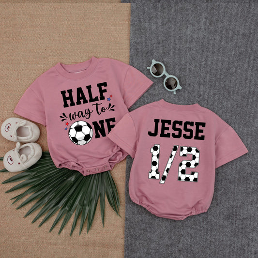 Custom Soccer Half Birthday Romper - Cute Short Sleeve Outfit for Baby's Six Month Celebration or Photo Shoot - Game Day Ready! Summer Baby Gift