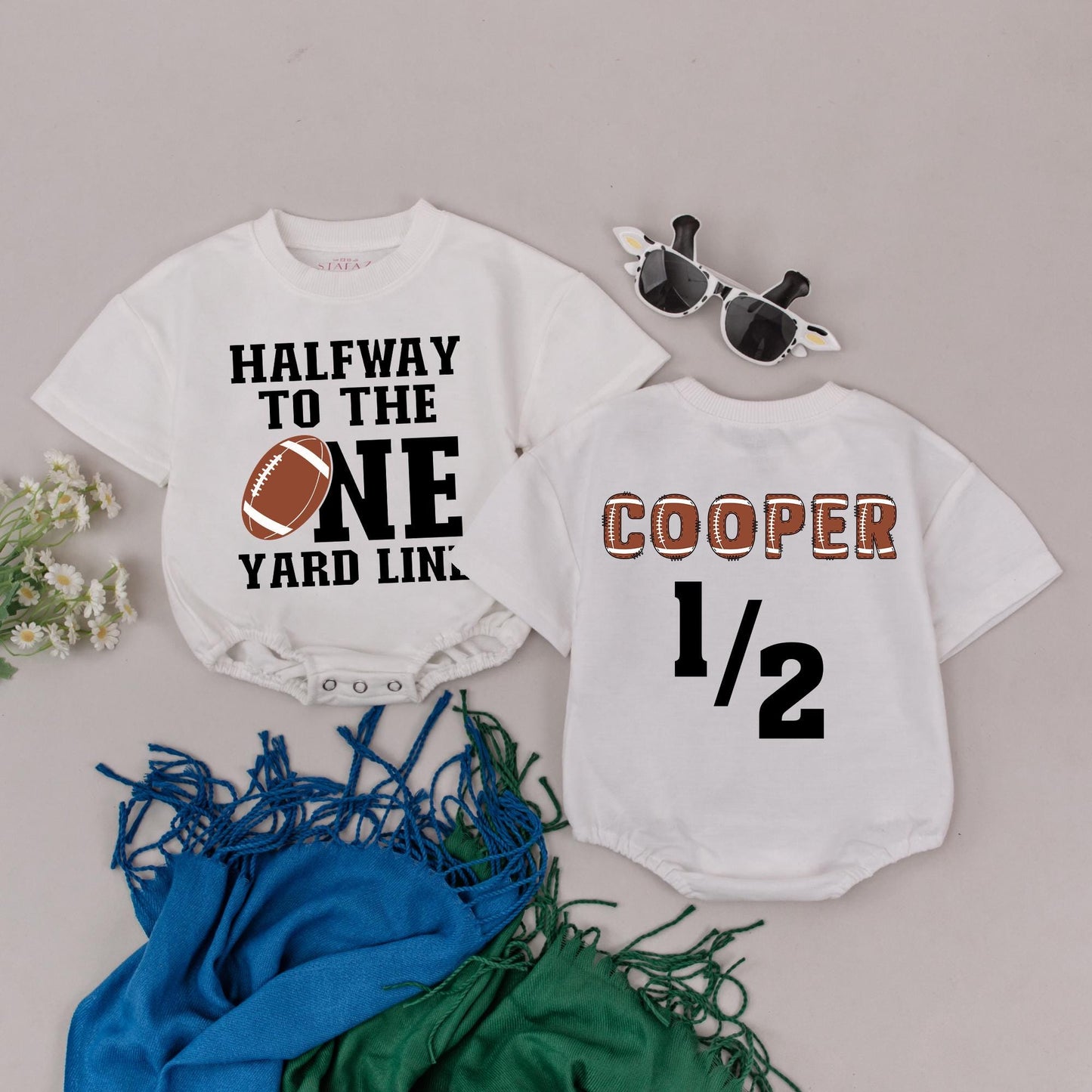 Custom Football Half Birthday Romper Boy Personalized Name "Halfway to One" Football Bodysuit