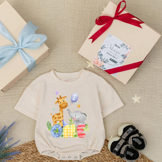 Wild One Safari Animals Boy 1st Birthday Bubble Romper Cute Zoo Outfit Personalized Toddler Gift Idea Soft Cotton Comfortable