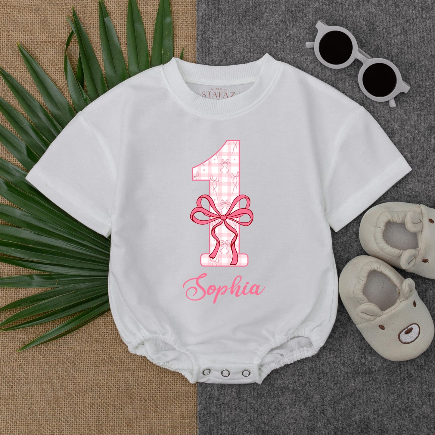 Personalized Pink Bow Checker First Birthday Romper Cute Baby Girl Summer Short Sleeve Bubble Outfit Special Gift Idea
