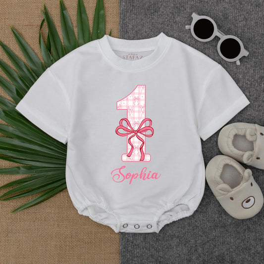Personalized Pink Bow Checker First Birthday Romper Cute Baby Girl Summer Short Sleeve Bubble Outfit Special Gift Idea