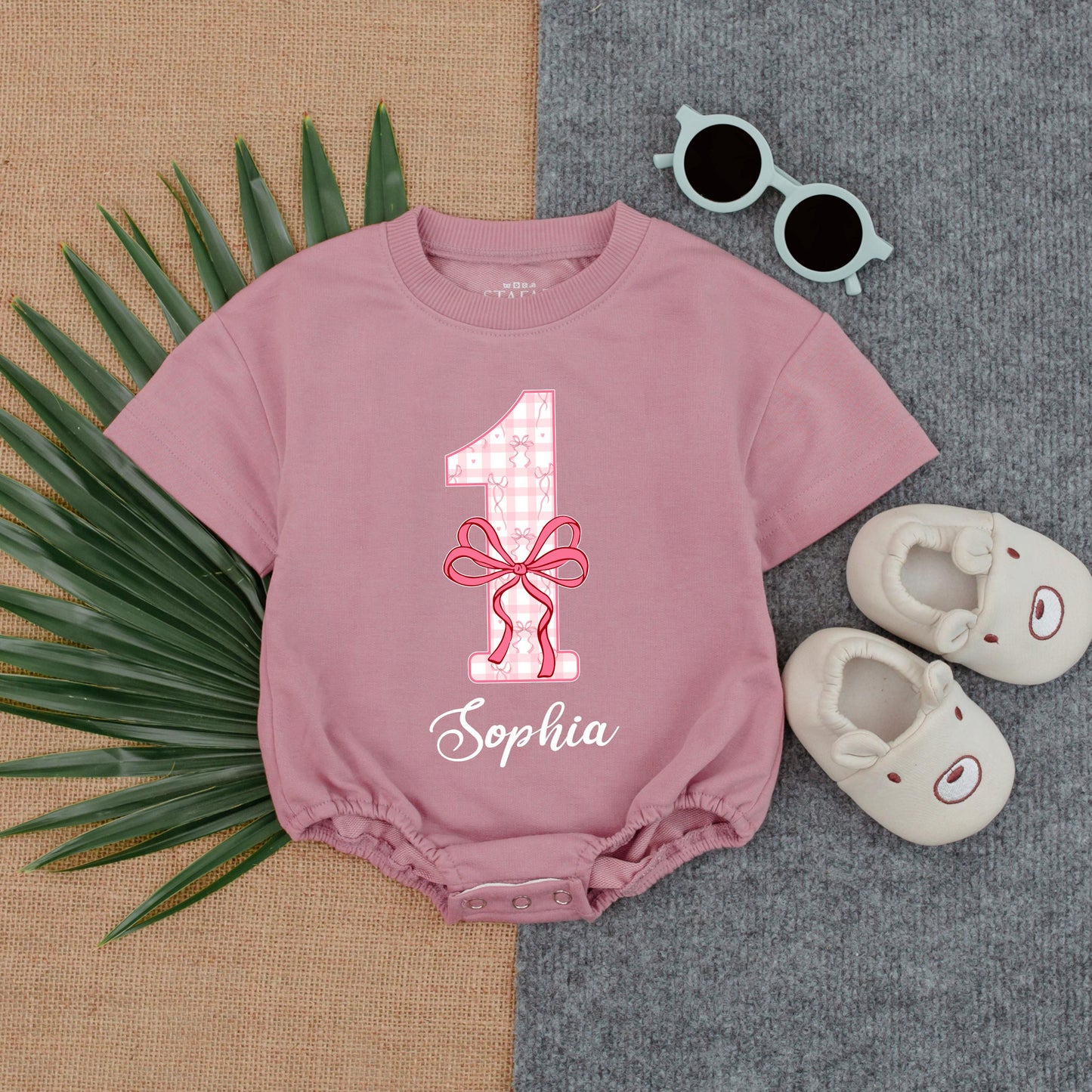 Personalized Pink Bow Checker First Birthday Romper Cute Baby Girl Summer Short Sleeve Bubble Outfit Special Gift Idea