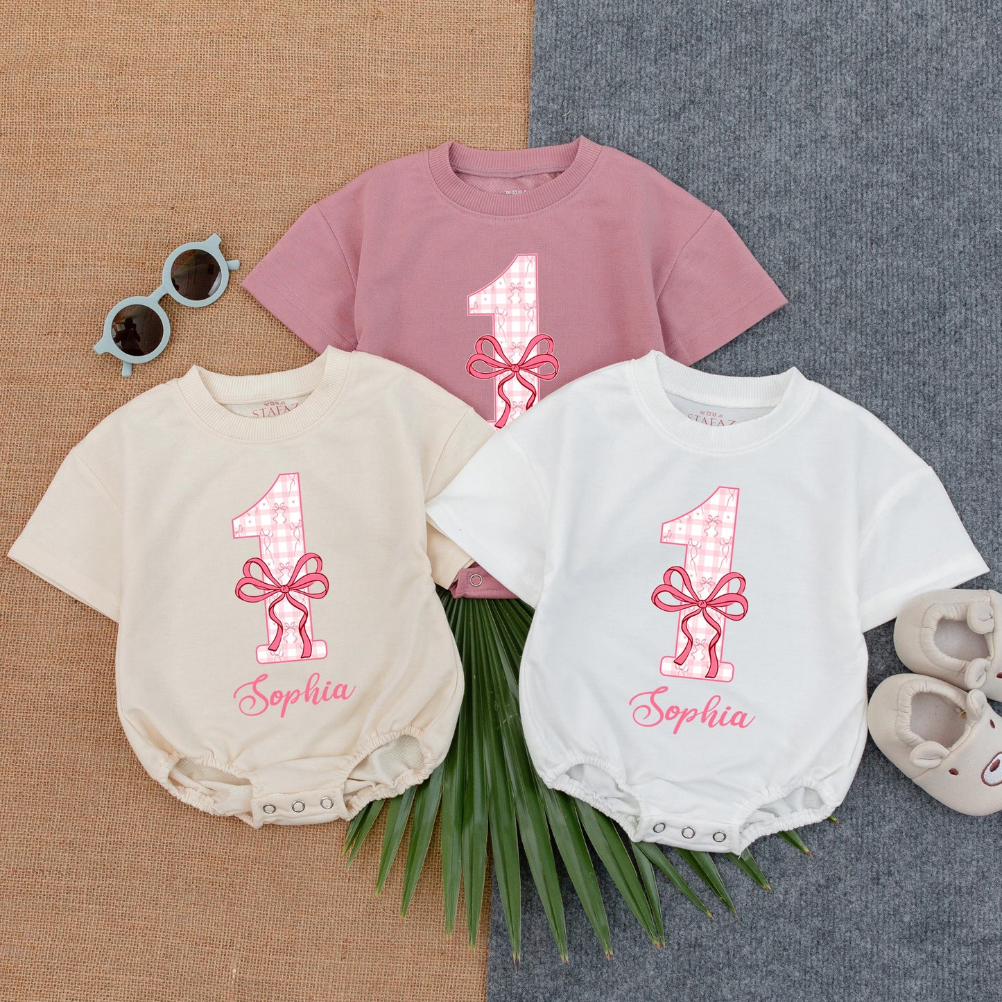 Personalized Pink Bow Checker First Birthday Romper Cute Baby Girl Summer Short Sleeve Bubble Outfit Special Gift Idea
