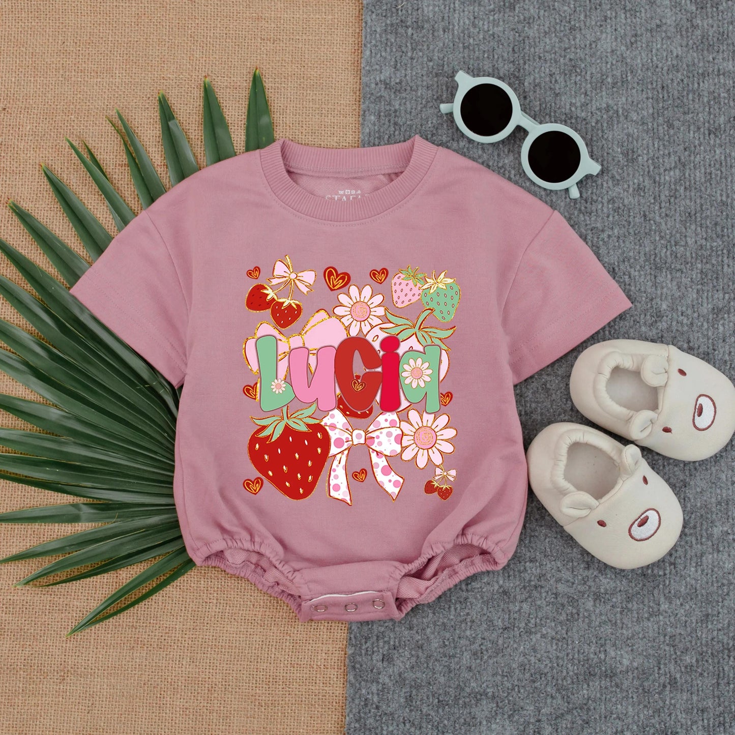 Personalized Strawberry Name Bubble Romper for Baby Girl: Sweet Berry 1st Birthday Outfit with Bow, Infant Shower Gift