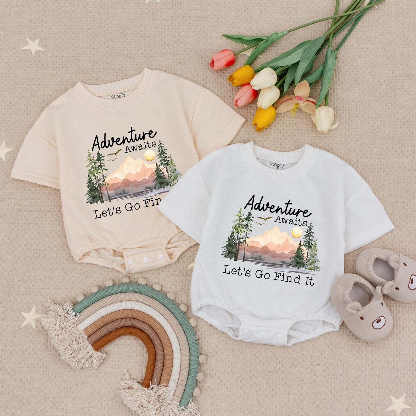 Adventure Awaits Baby Romper - Let's Go Find It! Cute Outdoor Nature Bodysuit for Little Explorers, Hiking & Travel, Whimsical Newborn Outfit 139 chars