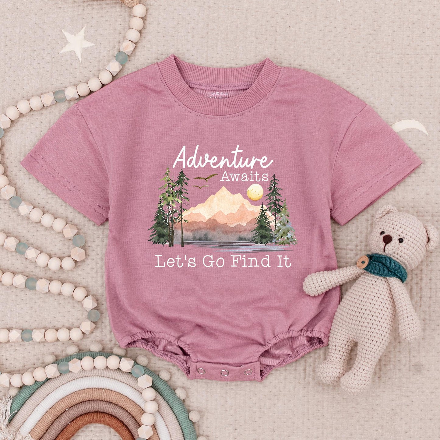 Adventure Awaits Baby Romper - Let's Go Find It! Cute Outdoor Nature Bodysuit for Little Explorers, Hiking & Travel, Whimsical Newborn Outfit 139 chars
