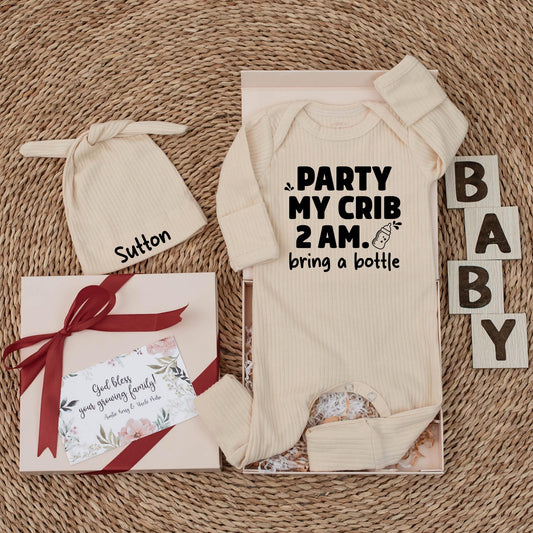 Party At My Crib Bodysuit: Funny 2 AM Baby Outfit, Bring a Bottle! Humorous Newborn Clothes, Cute Shower Gift, Modern Baby Clothes, Black Ink Design (137 chars)