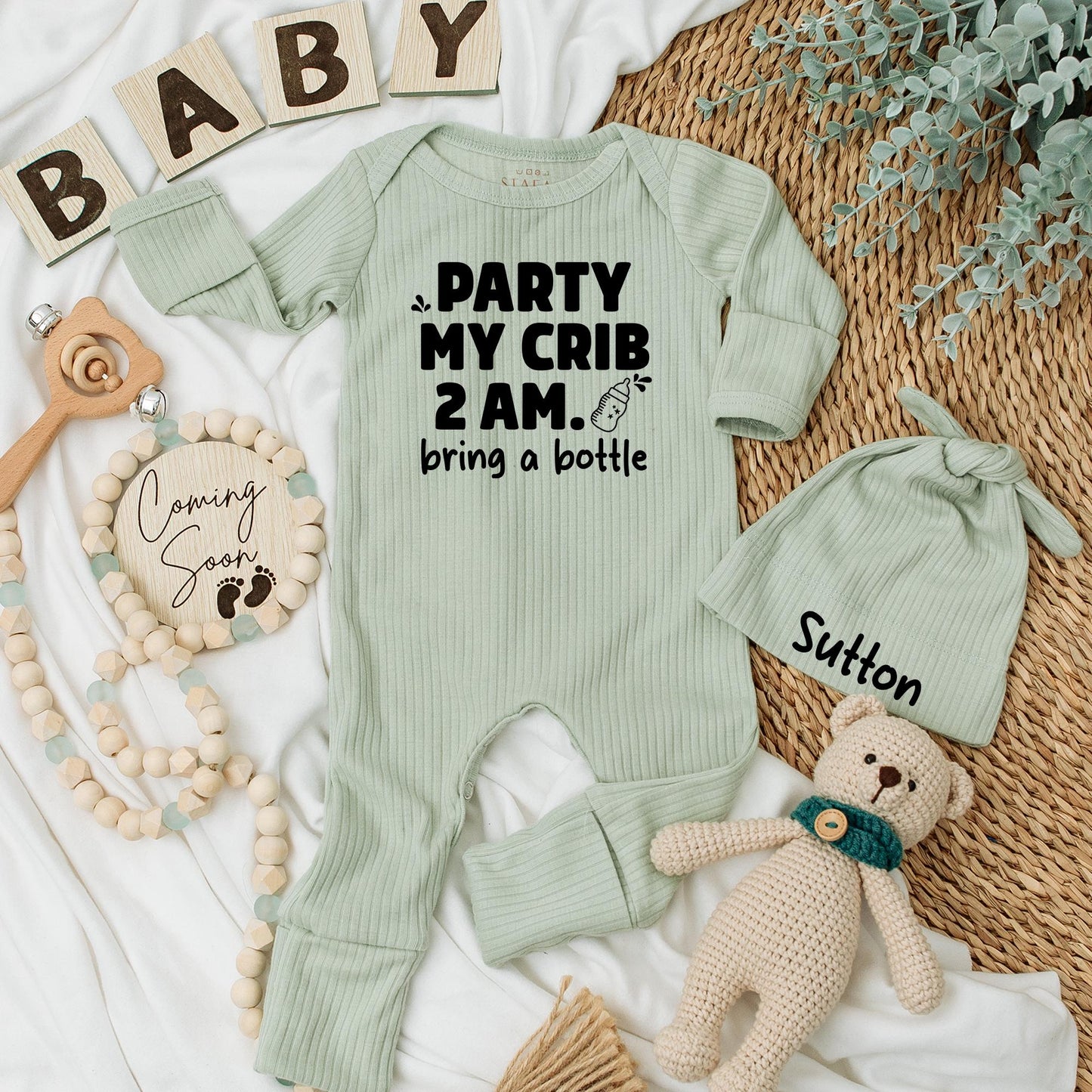 Party At My Crib Bodysuit: Funny 2 AM Baby Outfit, Bring a Bottle! Humorous Newborn Clothes, Cute Shower Gift, Modern Baby Clothes, Black Ink Design (137 chars)