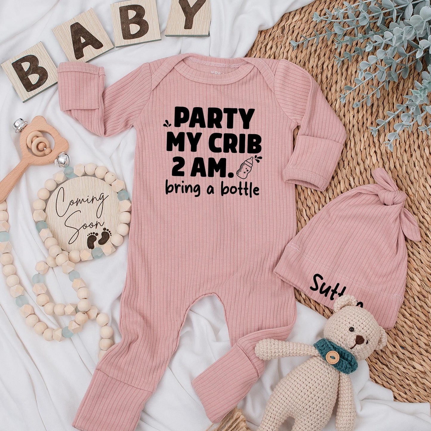 Party At My Crib Bodysuit: Funny 2 AM Baby Outfit, Bring a Bottle! Humorous Newborn Clothes, Cute Shower Gift, Modern Baby Clothes, Black Ink Design (137 chars)