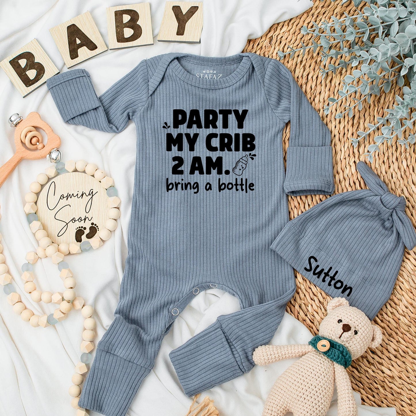 Party At My Crib Bodysuit: Funny 2 AM Baby Outfit, Bring a Bottle! Humorous Newborn Clothes, Cute Shower Gift, Modern Baby Clothes, Black Ink Design (137 chars)