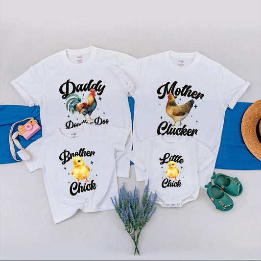 Matching Chicken Family Shirts: Daddy Rooster, Mother Hen, & Little Chick Baby Bodysuit - Farm Birthday Outfit