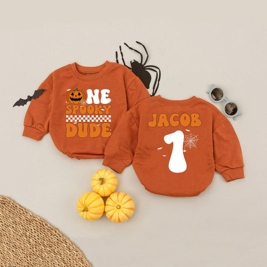 Custom Name Age 1 One Spooky Dude Baby Romper with Jack-o'-Lantern Retro Halloween Design and Checkerboard Detail, Perfect First Birthday Bodysuit Gift