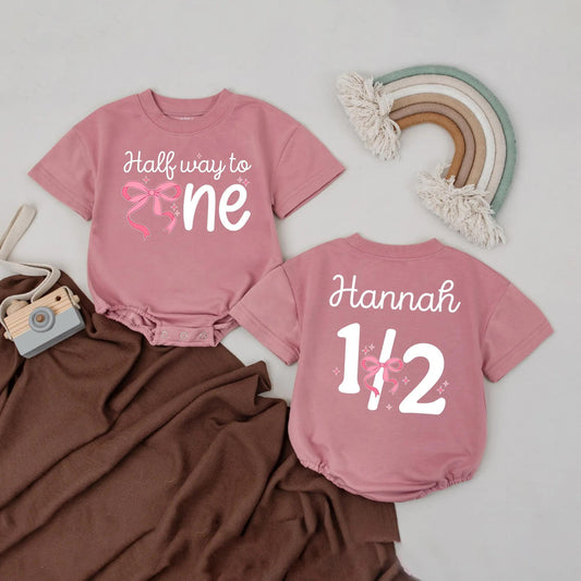 Custom Name Half Way to One Baby Romper, 6 Month Girl Birthday Outfit, Personalized Bodysuit Gift, Half Birthday Baby Shower