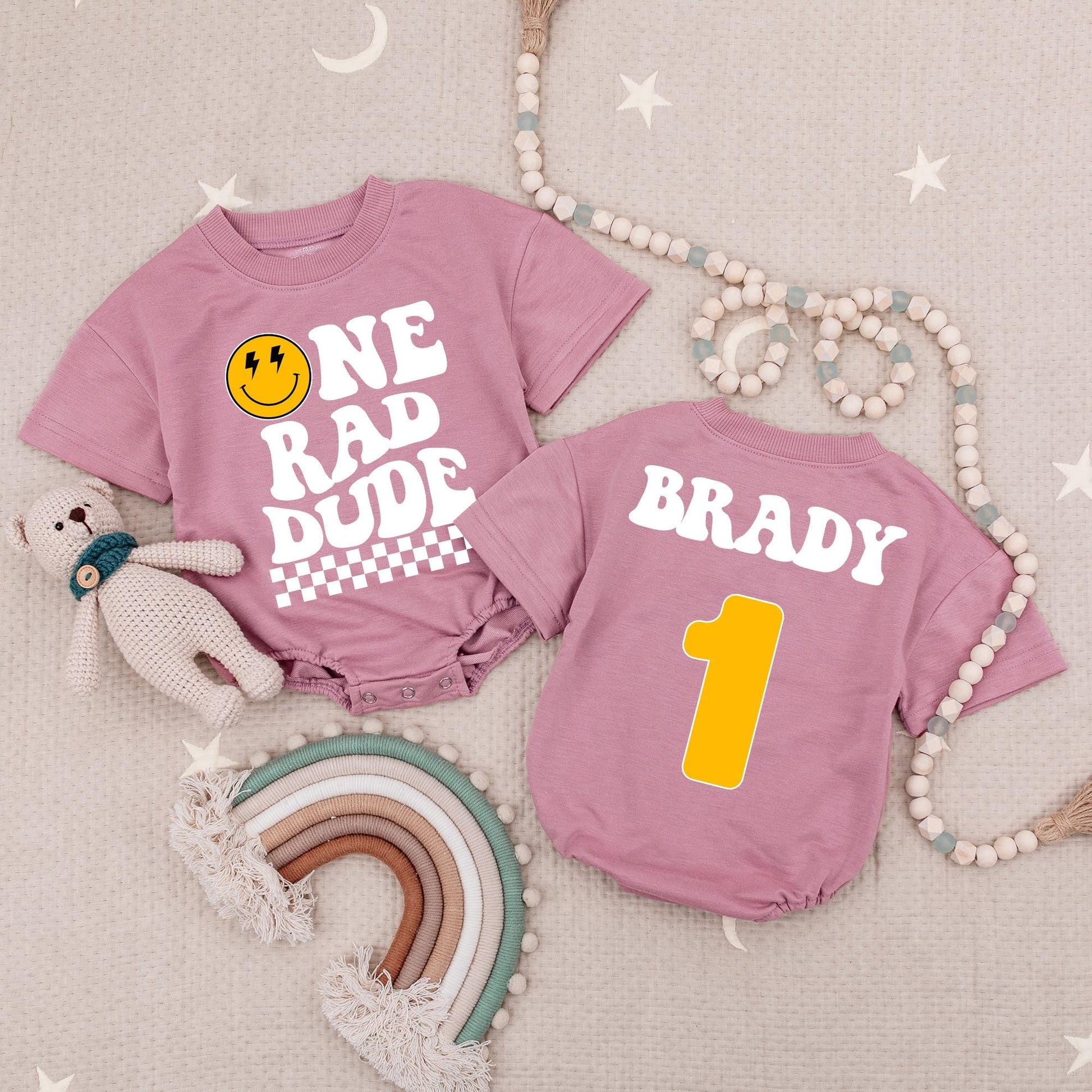 Custom Name One Rad Dude Birthday Romper Boys Retro Groovy Smiley Face & Checkered Outfit First Birthday Gift