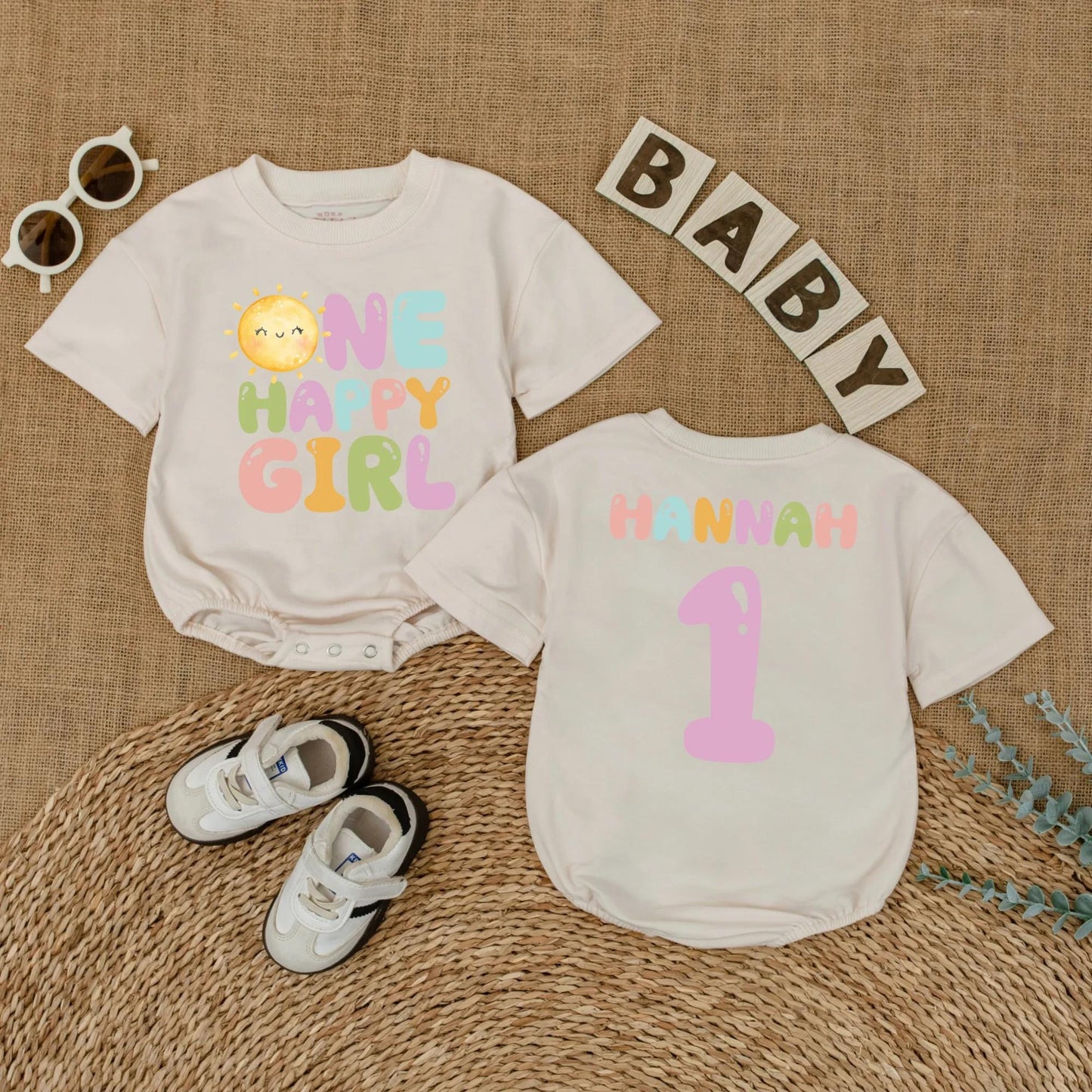 Custom Name One Happy Girl First Birthday Bubble Romper Baby Girl Outfit First Trip Around the Sun Groovy Retro Sunshine Short Sleeve Bodysuit