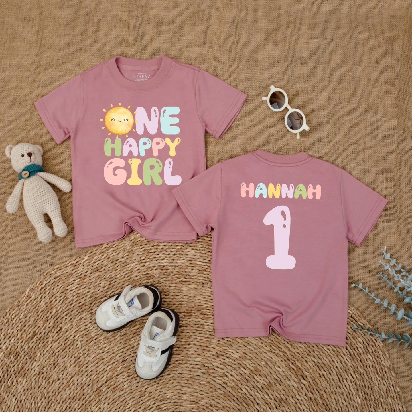 Custom Name One Happy Girl First Birthday Bubble Romper Baby Girl Outfit First Trip Around the Sun Groovy Retro Sunshine Short Sleeve Bodysuit