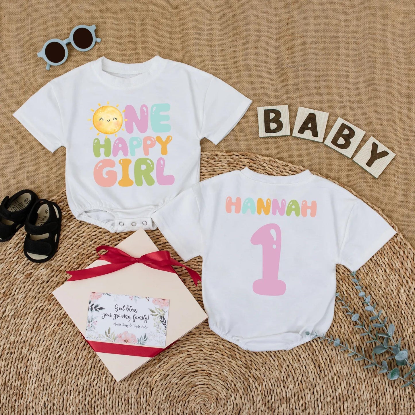 Custom Name One Happy Girl First Birthday Bubble Romper Baby Girl Outfit First Trip Around the Sun Groovy Retro Sunshine Short Sleeve Bodysuit