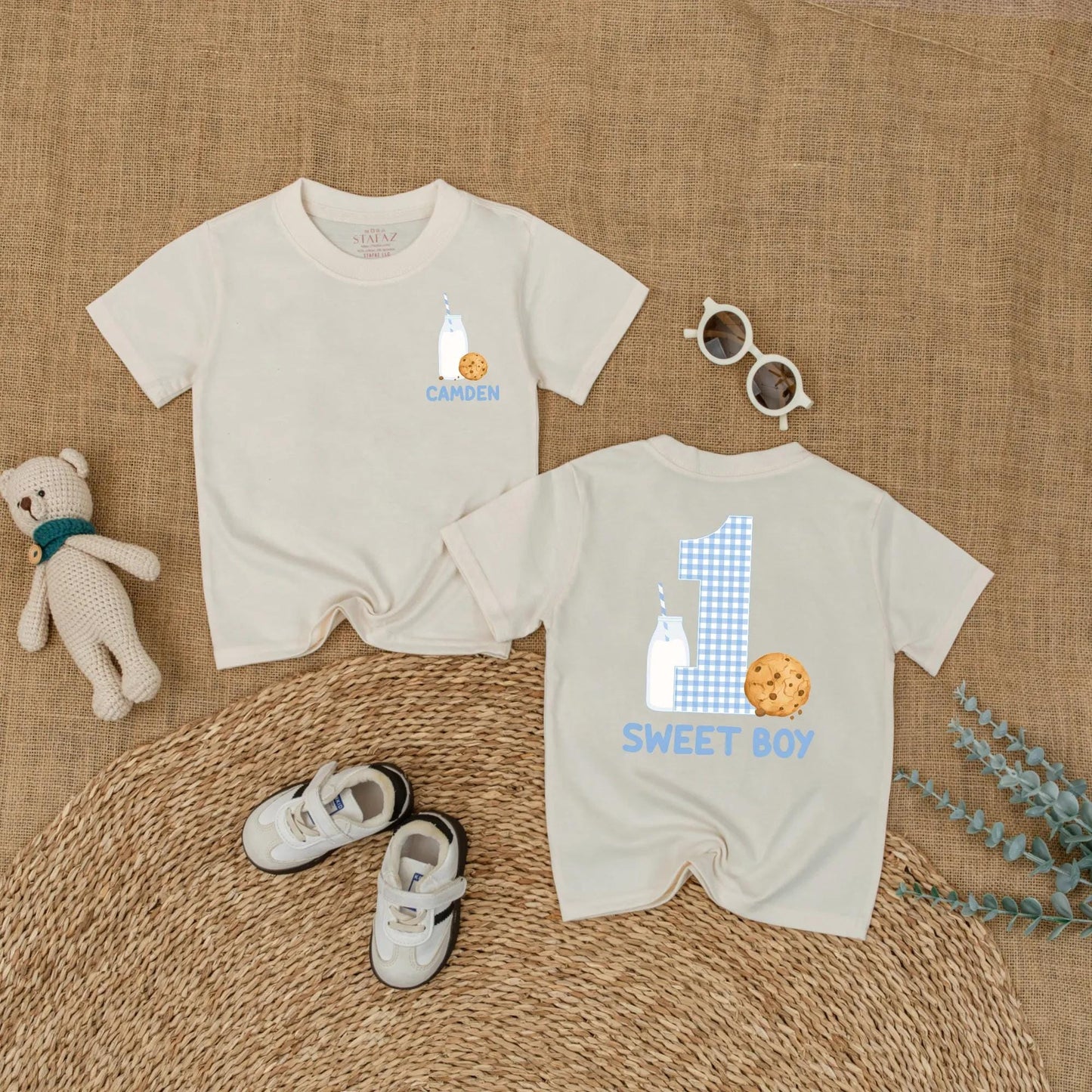 Custom Name One Sweet Boy Cookie Bubble Romper First Birthday Baby Boy Outfit Short Sleeves Summer Milk Cookies Party Theme Gift Apparel