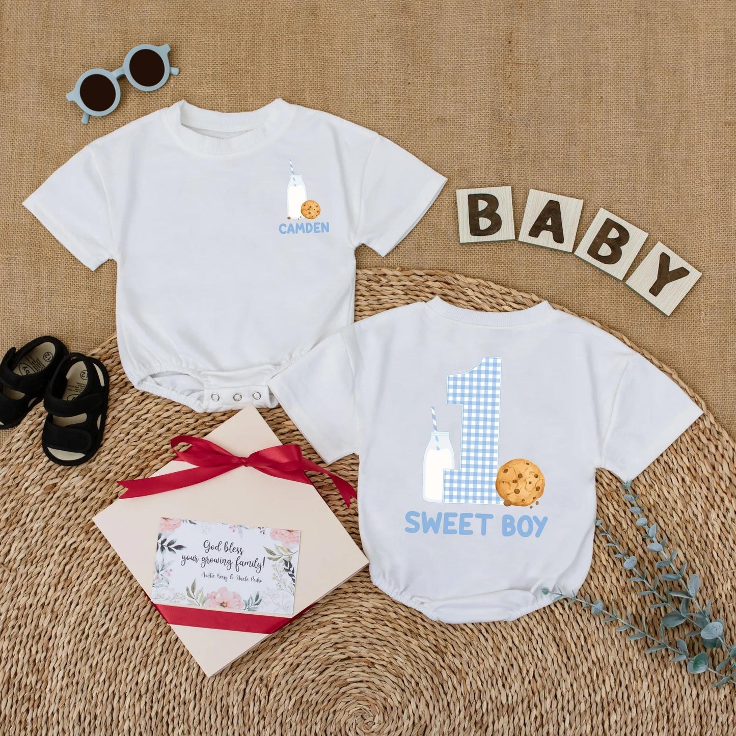 Custom Name One Sweet Boy Cookie Bubble Romper First Birthday Baby Boy Outfit Short Sleeves Summer Milk Cookies Party Theme Gift Apparel