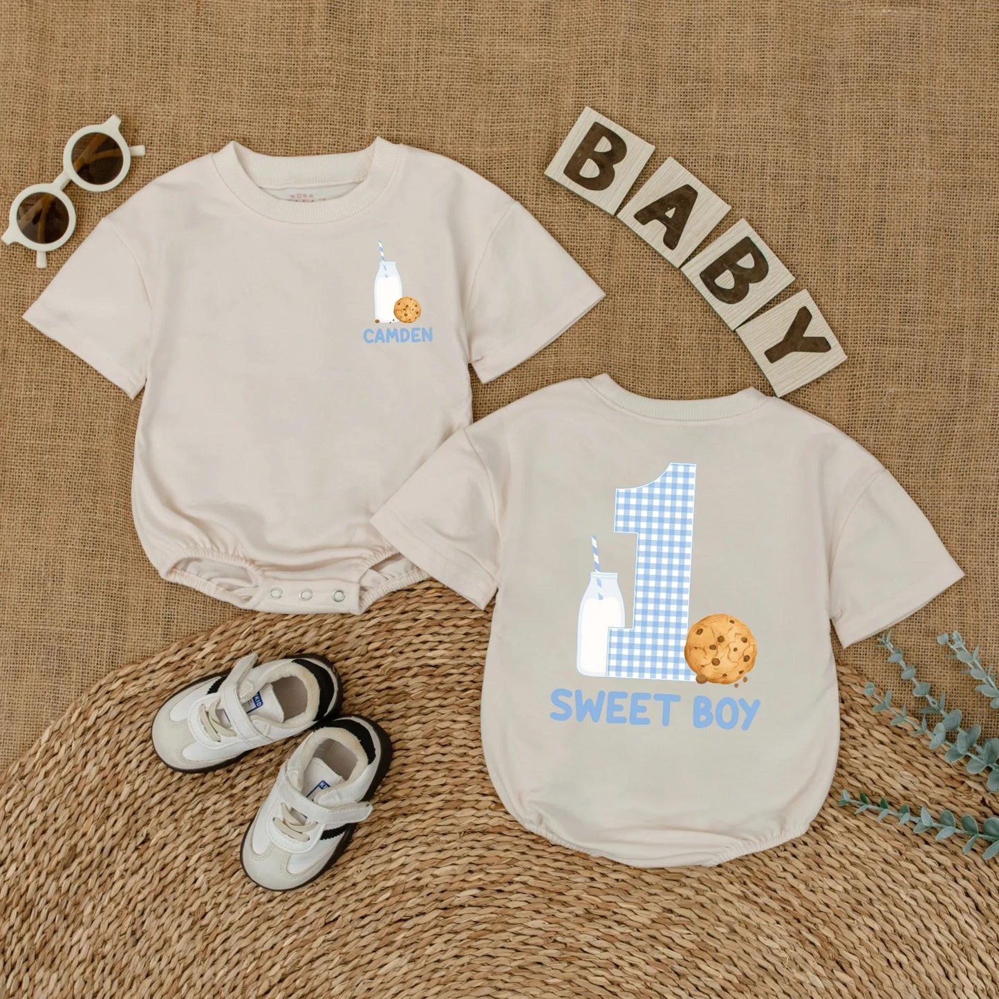 Custom Name One Sweet Boy Cookie Bubble Romper First Birthday Baby Boy Outfit Short Sleeves Summer Milk Cookies Party Theme Gift Apparel