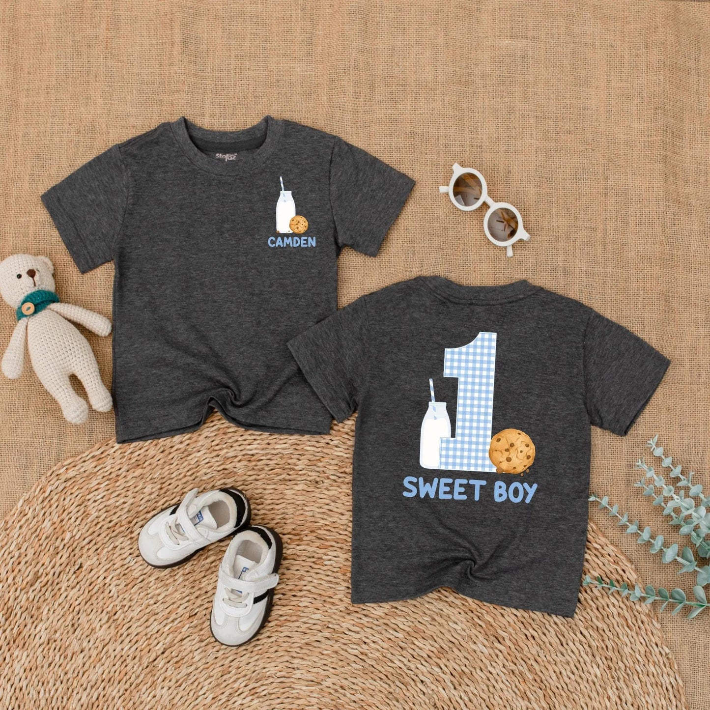 Custom Name One Sweet Boy Cookie Bubble Romper First Birthday Baby Boy Outfit Short Sleeves Summer Milk Cookies Party Theme Gift Apparel