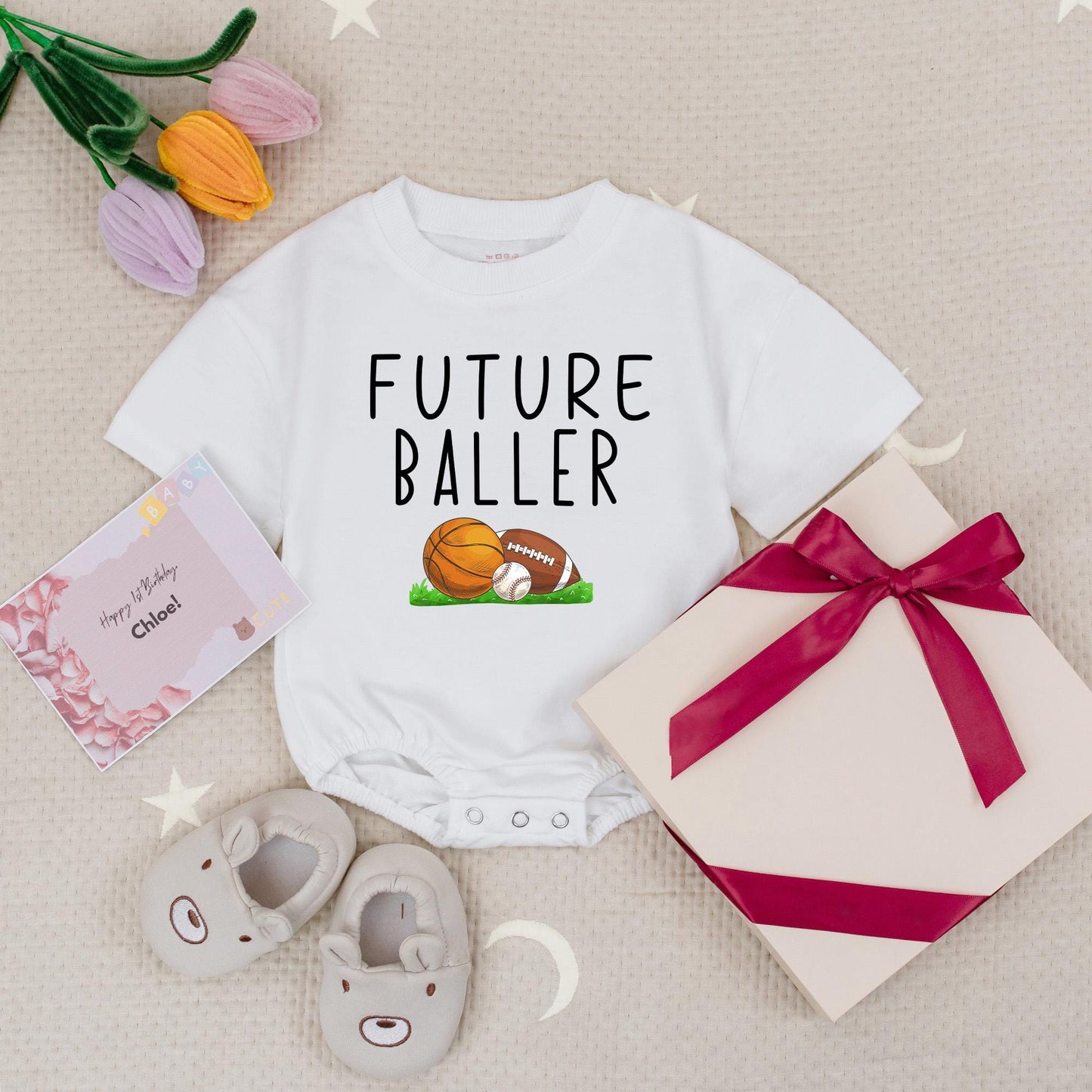 Future Baller Baby Romper: Sports Baby Shower Gift for Boy. Football, Baseball, Basketball Design. Soft Cotton, Comfortable Outfit.