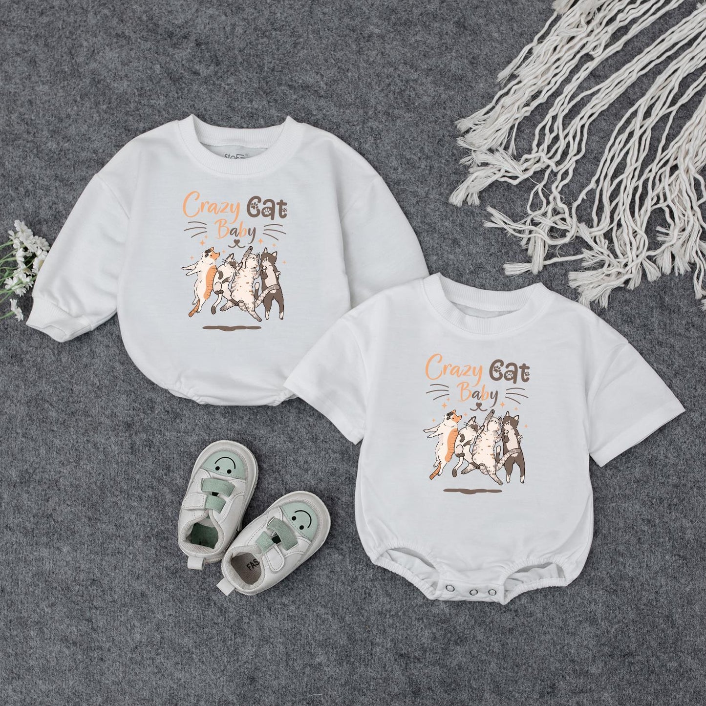Crazy Cat Baby Bodysuit with Playful Cartoon Cats & Whimsical Text Newborn Boy Girl Pet Lover Hospital Take Home Romper Gift