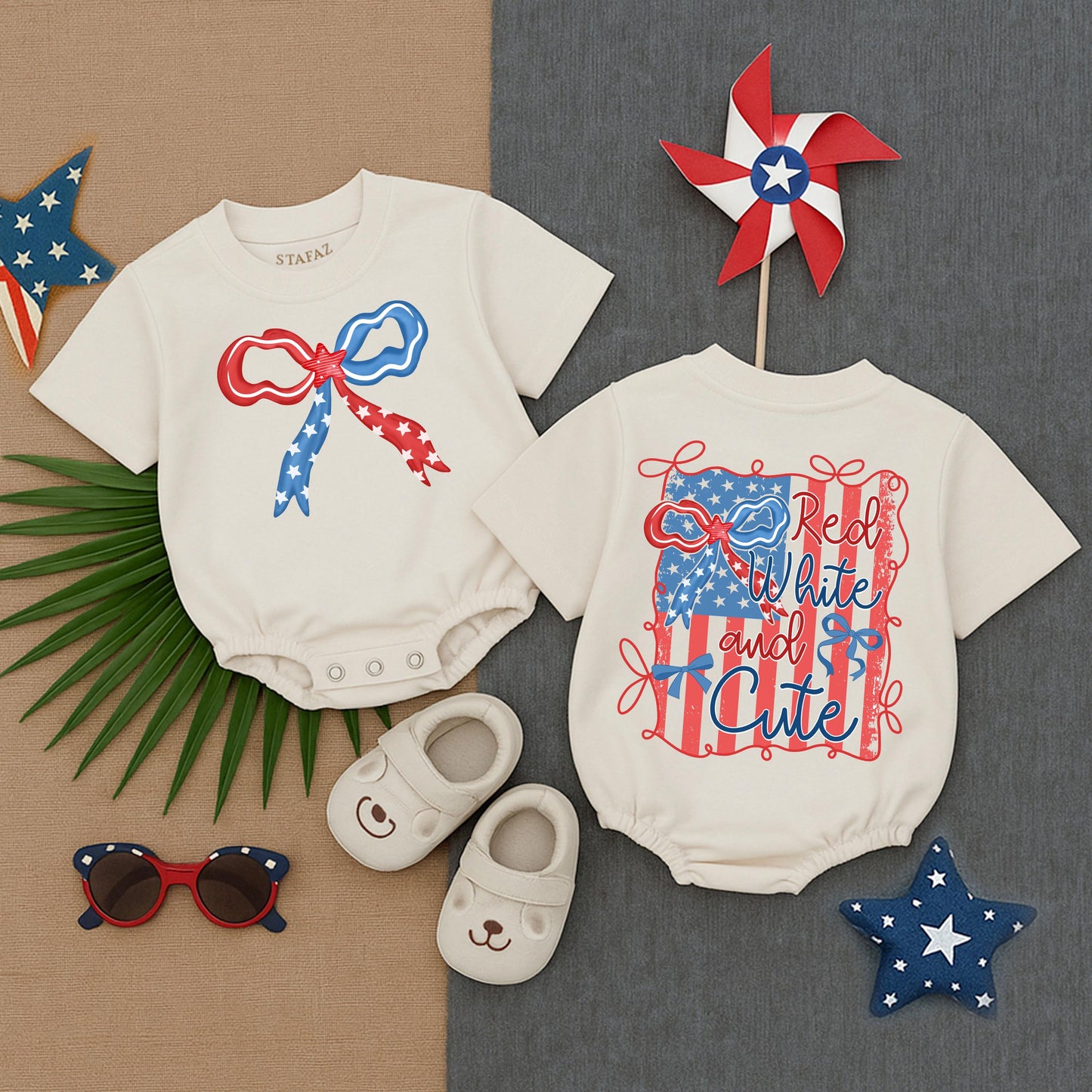 Red White Cute Bubble Romper USA Toddler Baby Outfit First Birthday Memorial Day Trendy Short Sleeve American Flag Baby Shower Gift