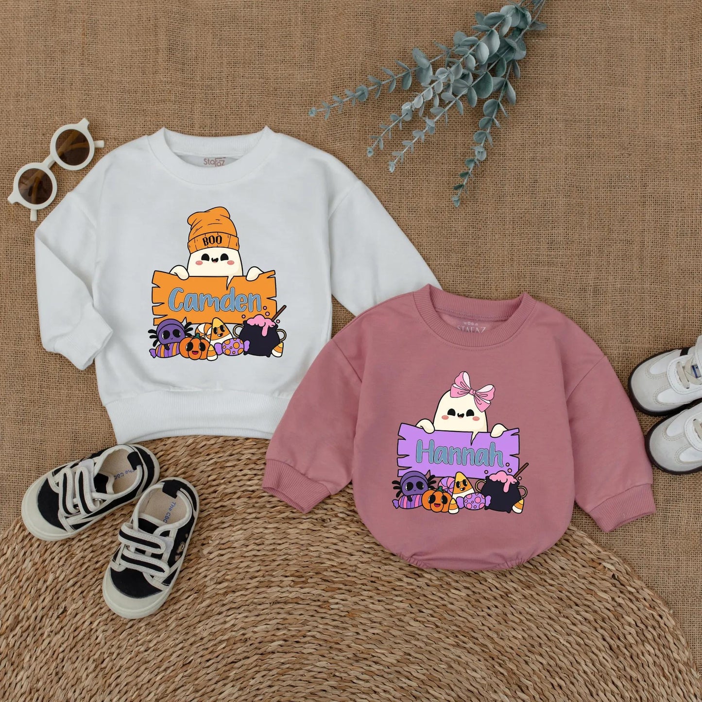 Personalized Boo Halloween Matching Shirts for Kids, Custom Name Ghost Sweatshirt, Cute Toddler Outfit, Boy Girl Gift