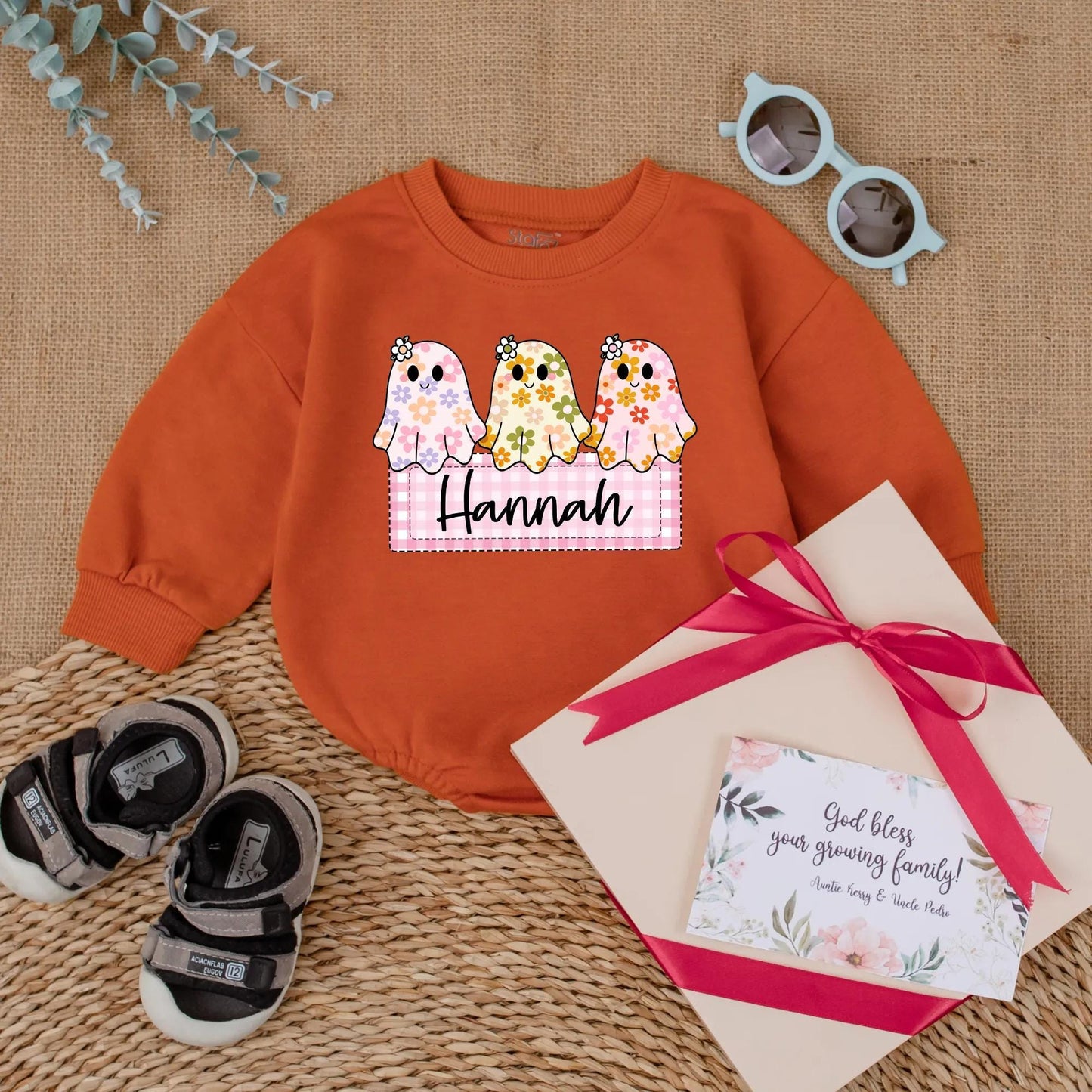 Personalized Baby Girl Halloween Ghost Romper Custom Name Cute Floral Boo Outfit Fall Bodysuit First Halloween Baby Gift