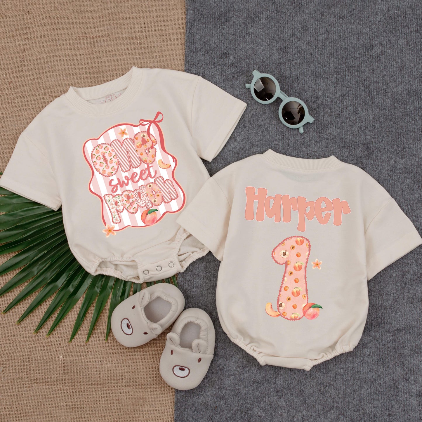 Sweet Little Peach Bubble Romper Baby Girl Outfit Custom Peach First Birthday Baby Shower Gift Adorable Peachy Design