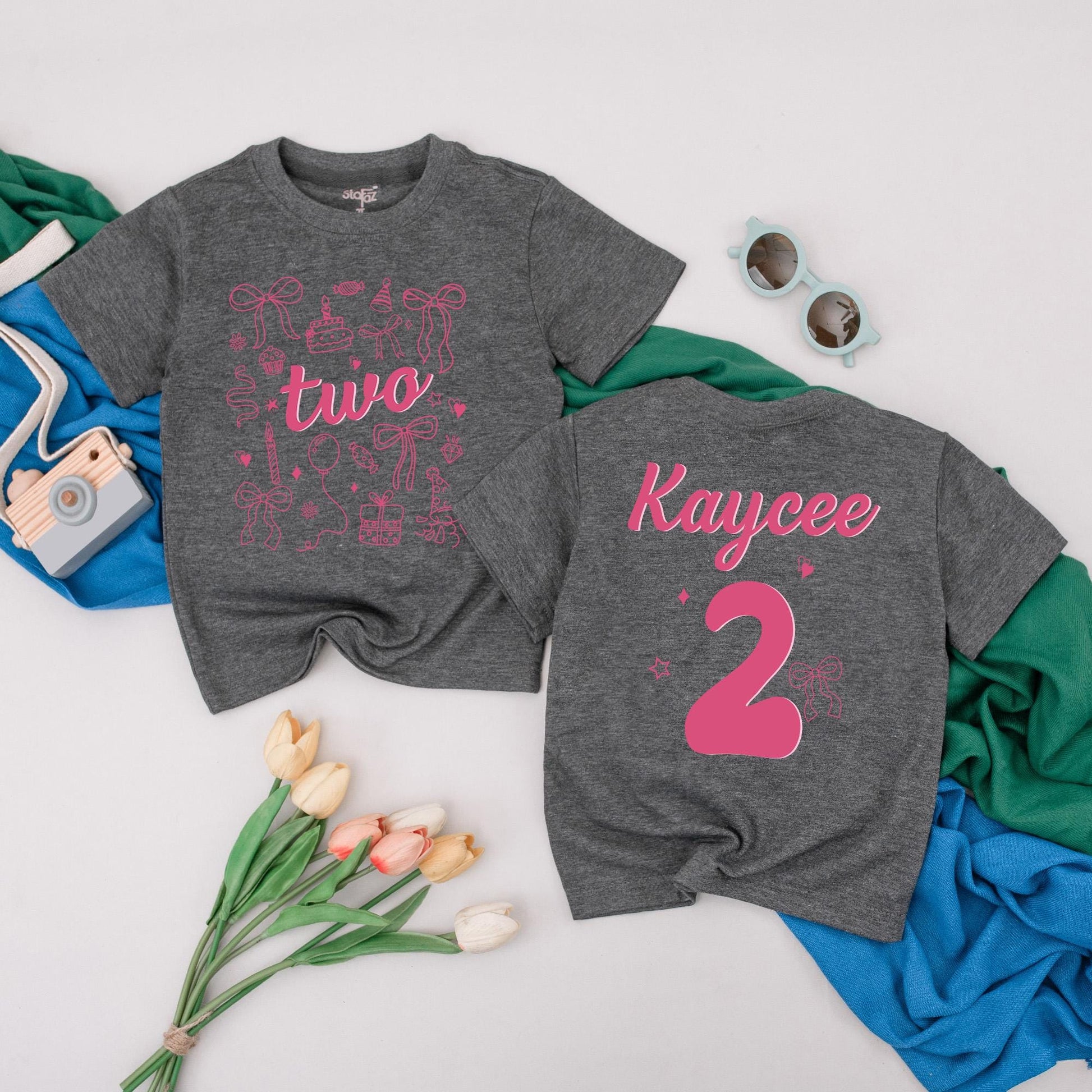 Kaycee's Sweet Two Birthday Girl T-Shirt Pink Bow Cake Balloon Design Second Birthday Outfit Toddler Party Tee