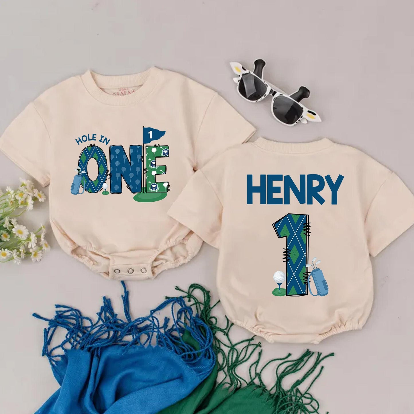 Personalized Hole in One Birthday Romper for Baby Boy, Golf First Birthday Bodysuit, Custom Cake Smash Outfit, Future Golfer Gift