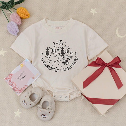Apparently I Camp Now Baby Romper Bodysuit Camping Adventure Infant Toddler Outfit with Playful Tent Campfire Mountain Graphic Comfortable Natural Summer