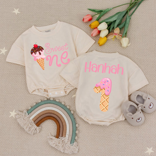 Sweet One Ice Cream Birthday Girl Romper Personalized with Name, First Birthday Outfit, Fun Sprinkles Design, Cute Photo Prop, Baby Babysuit (139 chars)