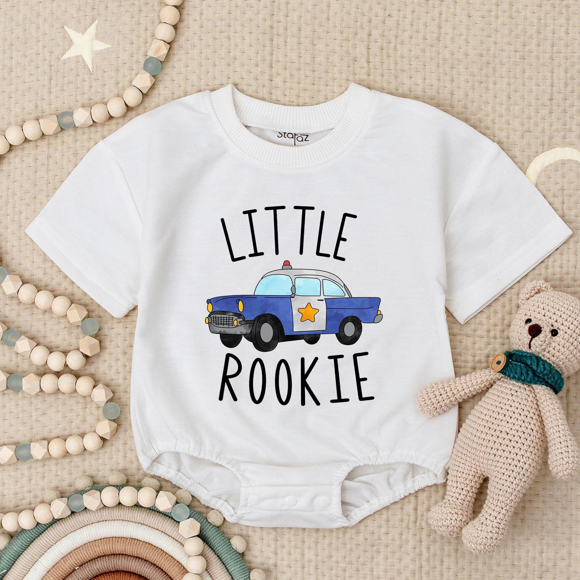Little Rookie Police Car Baby Romper: Future Law Enforcement, Adorable Policeman Bodysuit for Baby Shower Gift, Comfortable Cotton, Blue & White, Red Siren (139 chars)
