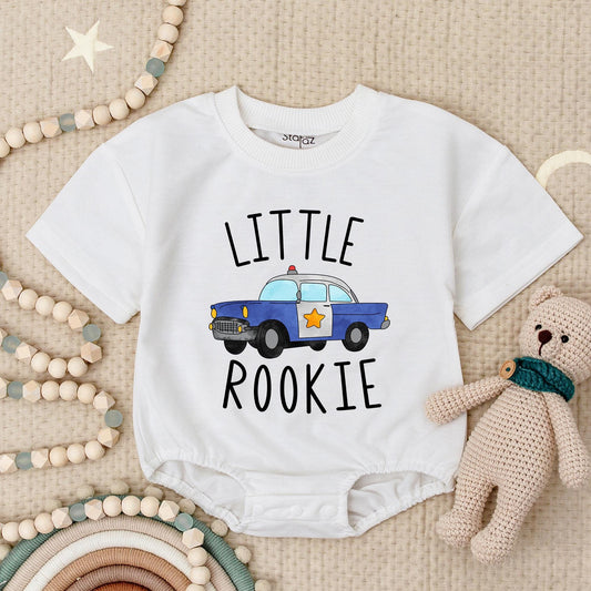 Little Rookie Police Car Baby Romper: Future Law Enforcement, Adorable Policeman Bodysuit for Baby Shower Gift, Comfortable Cotton, Blue & White, Red Siren (139 chars)