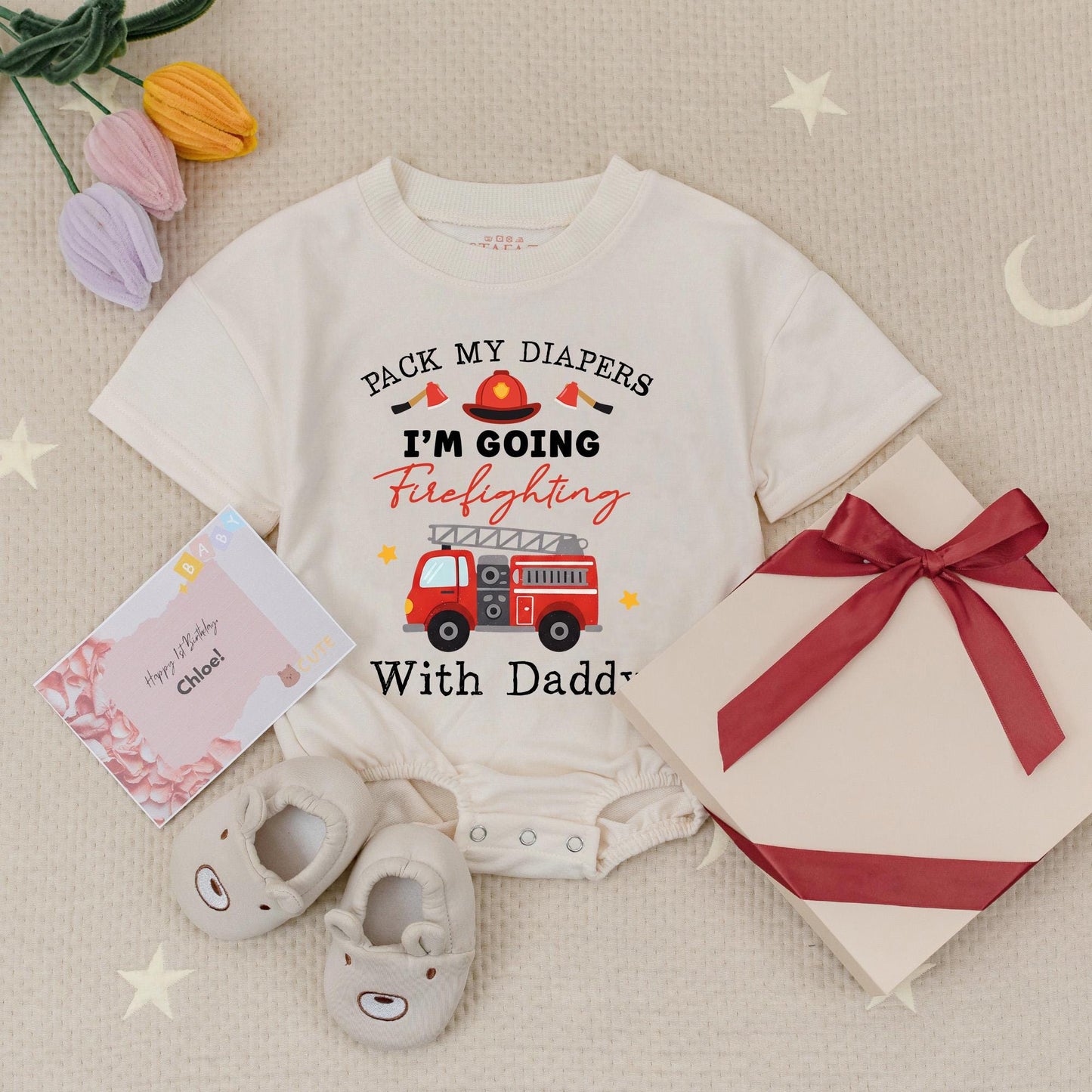 Future Firefighter Baby Romper: Pack My Diapers Firefighting With Daddy! Cute Firetruck Bodysuit, Whimsical Fireman Baby Shower Gift, Newborn Outfit, Red