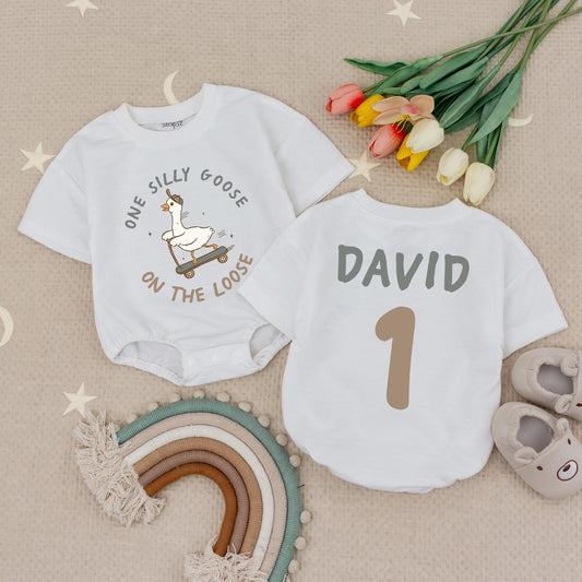 Silly Goose on the Loose Baby Romper First Birthday Outfit Cute Cartoon Scooter Bodysuit Natural Soft Cotton One Year Old Funny Farm Animal
