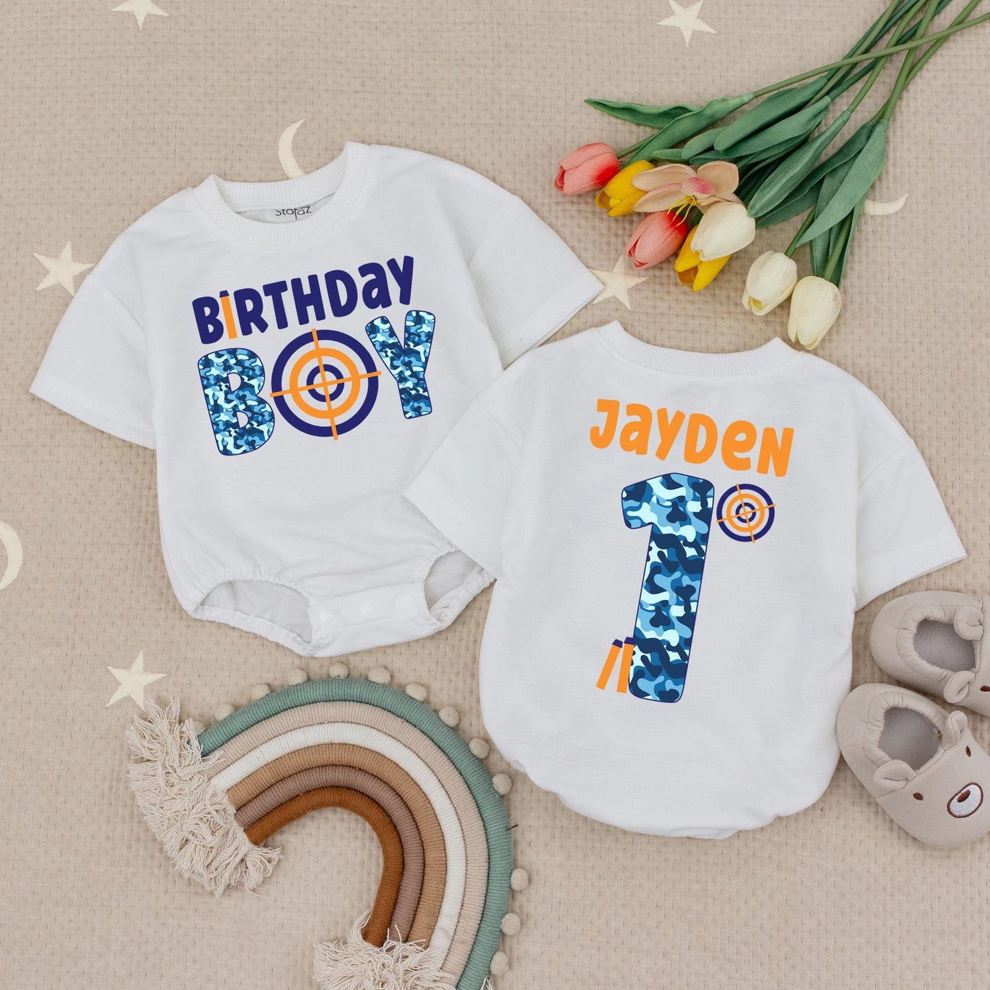 Personalized Birthday Boy Dart Gun Romper, Custom Name 1st Birthday Outfit, Blue Camo Target First Birthday Babysuit, Soft Cotton, Fun Party 135 chars