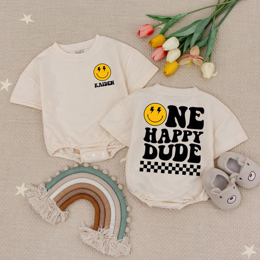 Custom One Happy Dude Baby Romper Smiley Face Birthday Outfit Boy First Birthday Bodysuit Retro Checker Party Gift
